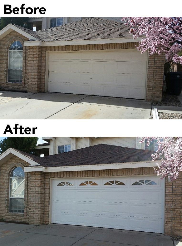 Garage door upgrade before & after, enhanced curb appeal